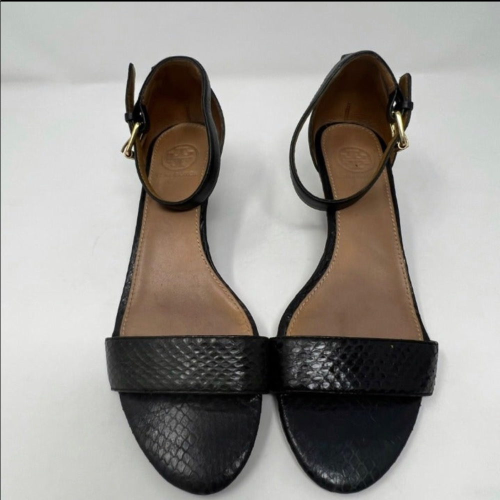 Tory Burch Savannah Wedge Black Gold Sandal Women Size 6